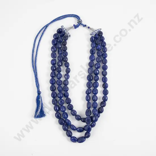 Triple Strand Carved Lapis Bead Necklace