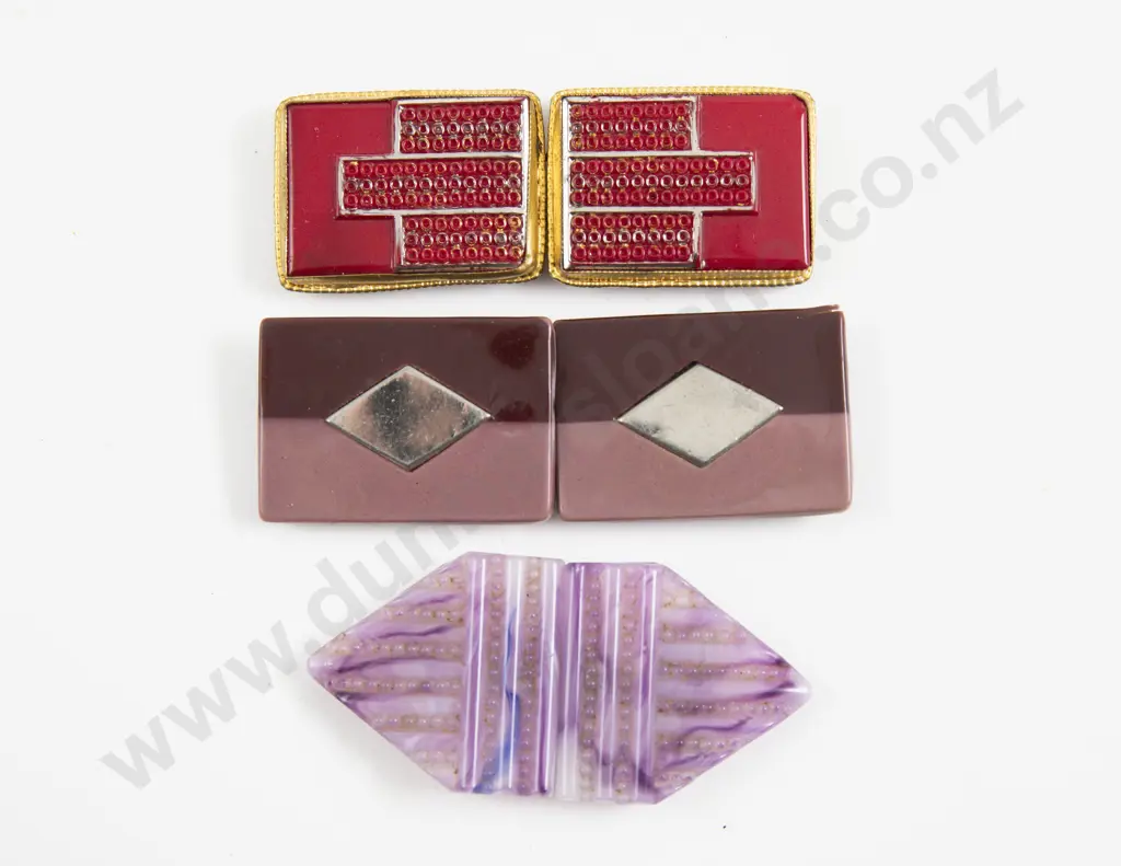 Three Art Deco Glass and Metal 2pce Buckles Image 1++