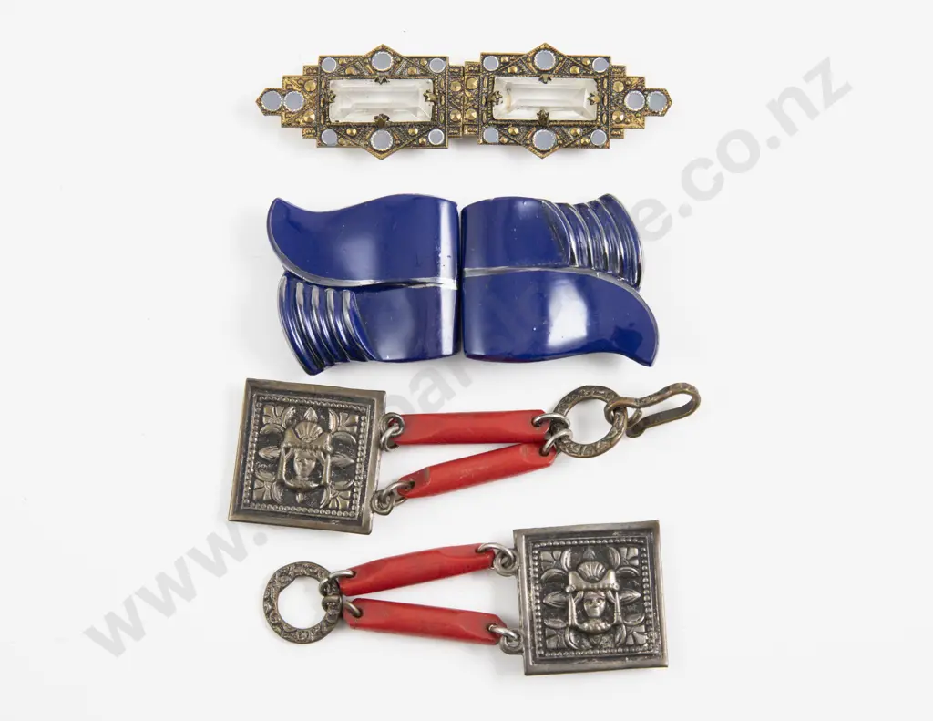 Three Art Deco Czech Pressed Metal and Glass 2pce Buckles Image 1++