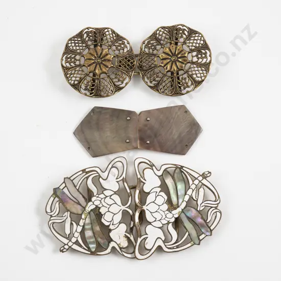 Art Nouveau Enamel and MOP 2pce Buckle with MOP and Pressed Metal Buckles
