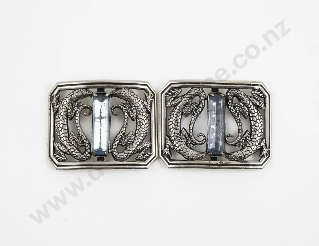 Pair Art Deco Made in France Pressed Metal and Glass Shoe Buckles Image 1++