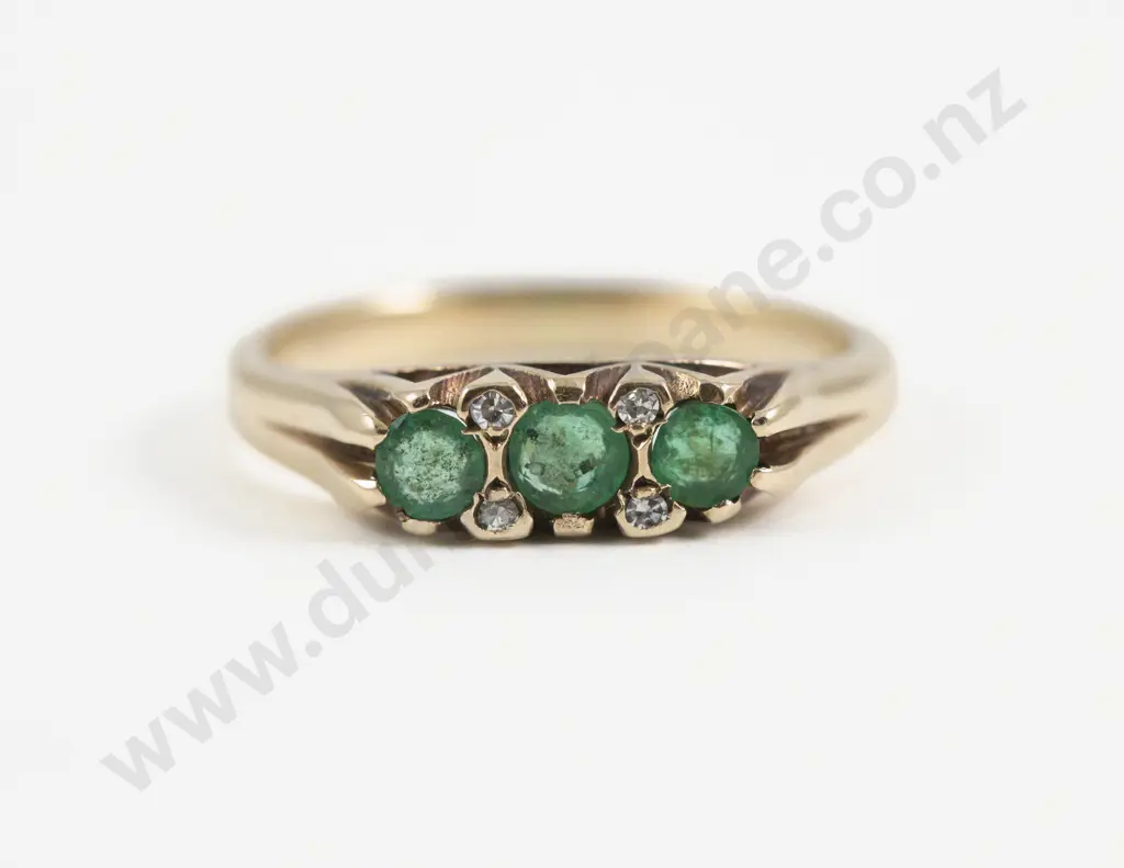 9ct Seven Stone Emerald and Diamond Bridge Ring Image 1++