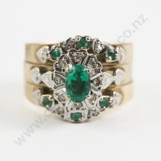 9ct Nine Stone Emerald and Diamond Cluster Ring with Two Curved Bands