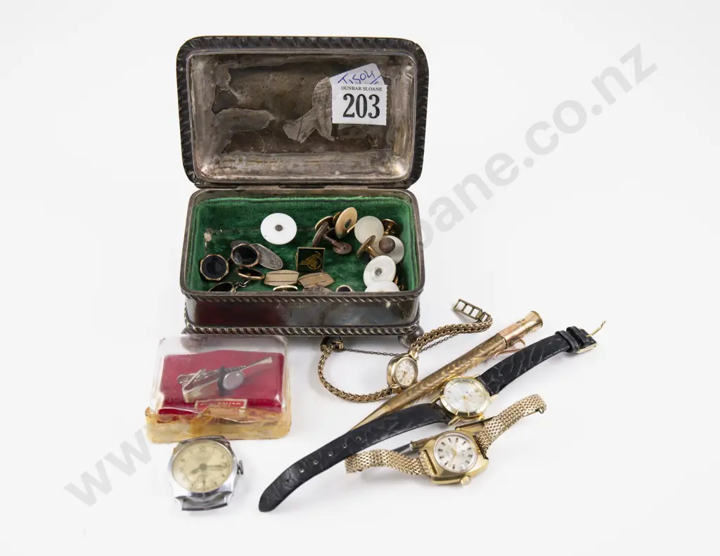 Collection of Assorted Cufflinks Wrist Watches and Gold Plated Pencil in Jewellery Box Image 1++