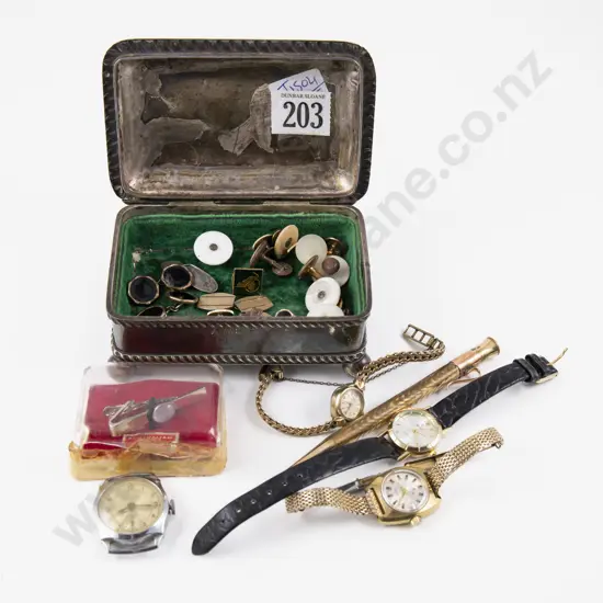 Collection of Assorted Cufflinks Wrist Watches and Gold Plated Pencil in Jewellery Box