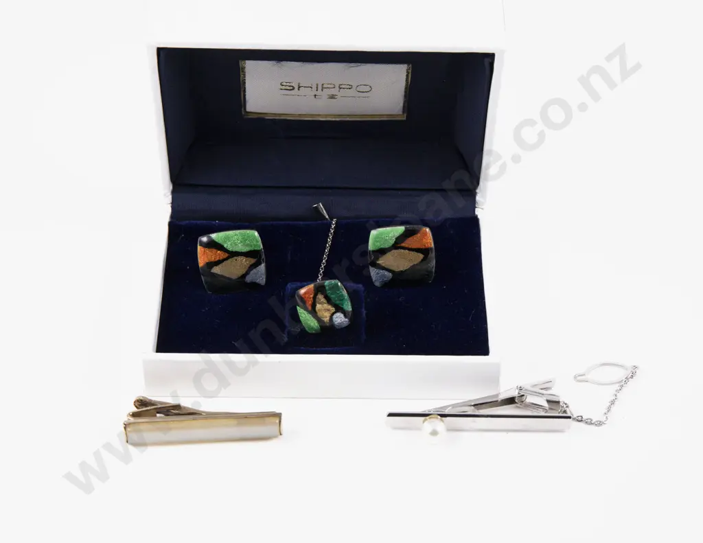 Shippo (Japan) Cloisonne Enamel Cuff Links with Matching Shirt Stud with Two Tie Clips Image 1++
