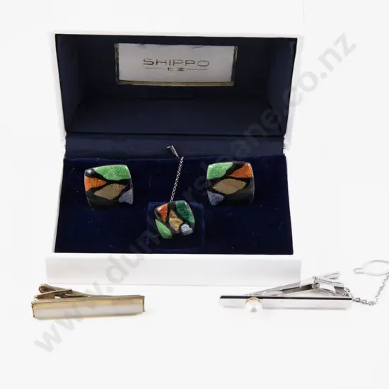 Shippo (Japan) Cloisonne Enamel Cuff Links with Matching Shirt Stud with Two Tie Clips
