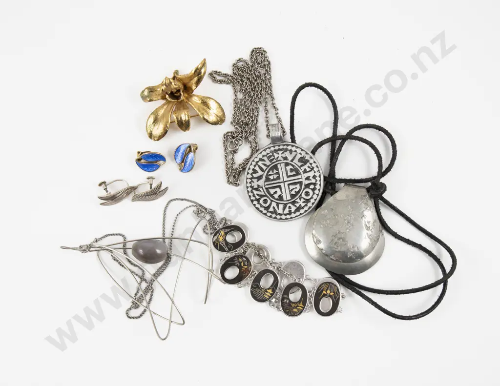 Two Swedish Pewter Pendants with Enamel Clip On Earrings and Assorted Image 1++