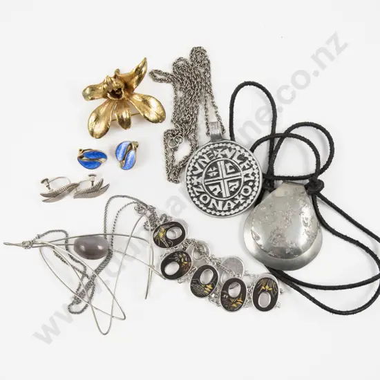 Two Swedish Pewter Pendants with Enamel Clip On Earrings and Assorted