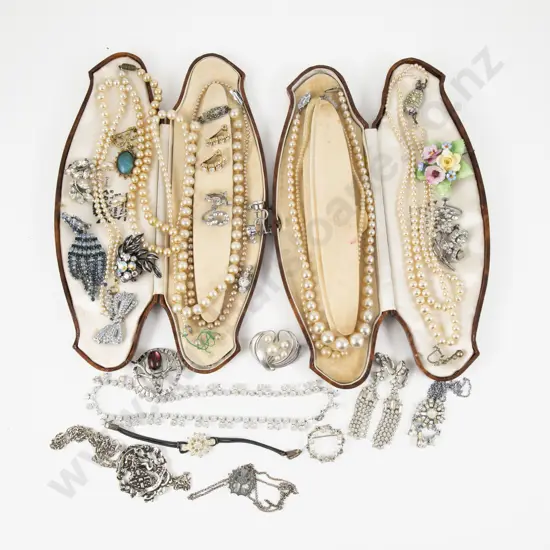 Collection of Assorted Diamante Costume and Imitation Pearl Jewellery with Two Vintage Jewellery Cases