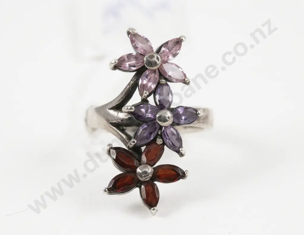 S/S 15Stone Pink Purple and Red Crystal Floral Dress Ring Image 1++