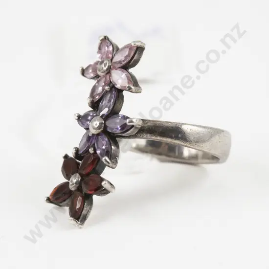 S/S 15Stone Pink Purple and Red Crystal Floral Dress Ring