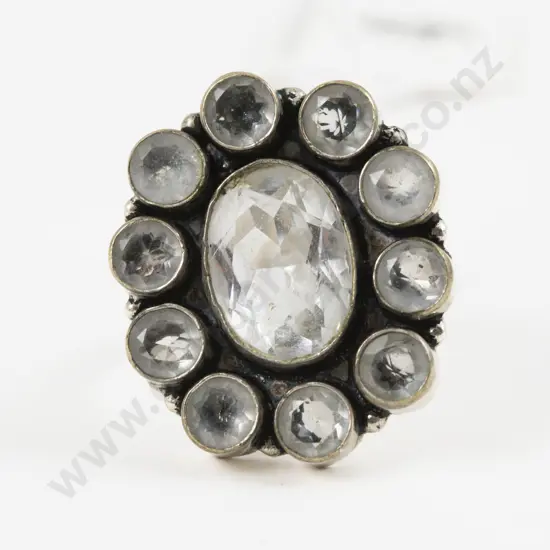 S/S Eleven Stone Clear Crystal Cluster Ring
