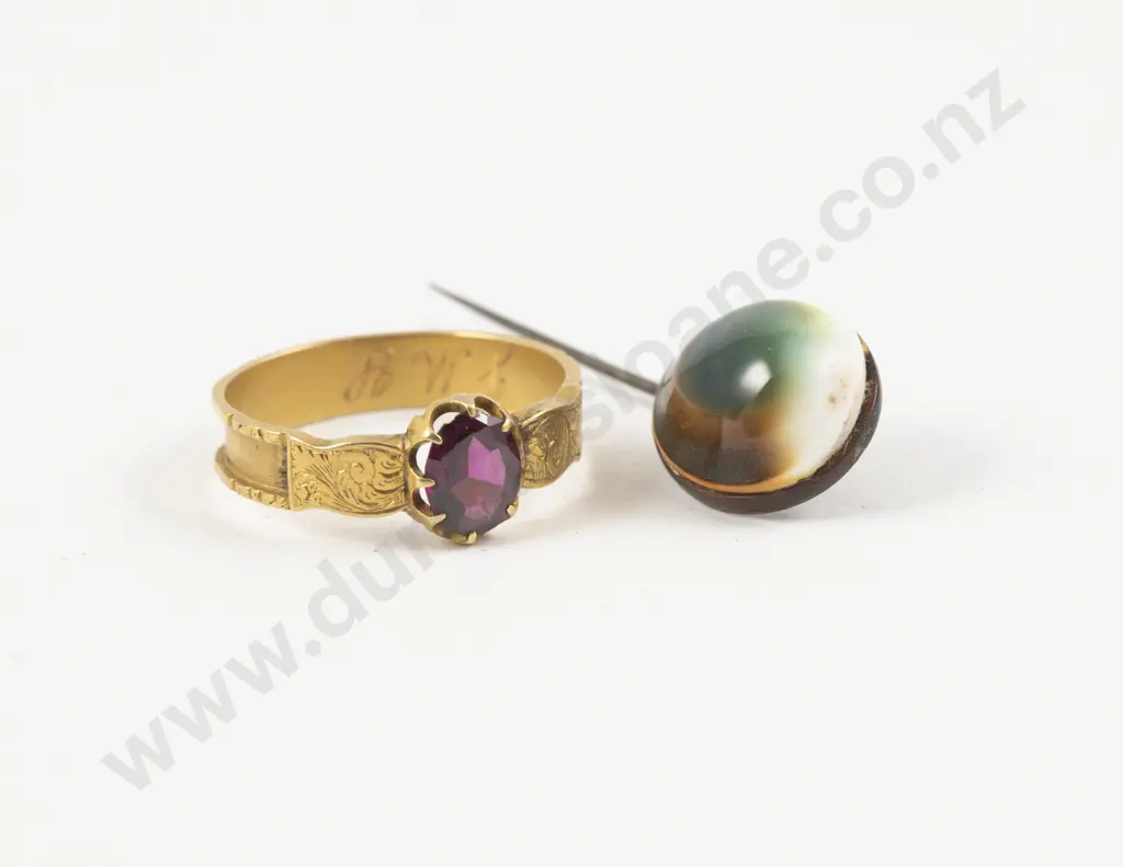 Victorian 15ct Single Garnet Morning Ring (no hair plait) and 'Cats-Eye' Lapel Pin Image 1++