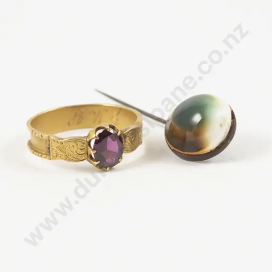 Victorian 15ct Single Garnet Morning Ring (no hair plait) and 'Cats-Eye' Lapel Pin