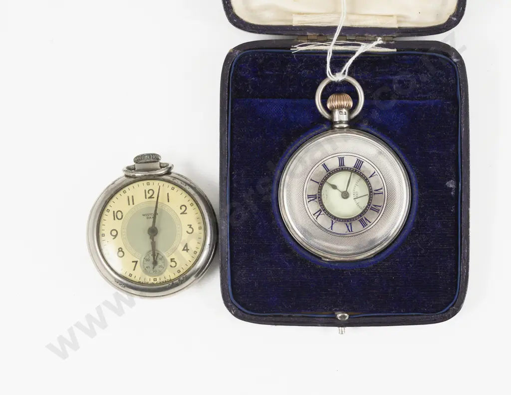 S/S Cased Half Hunter Pocket Watch Birmingham 1909 in Original Box with WestClox Watch Image 1++