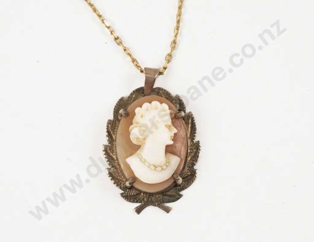 9ct Framed Classical Portrait Cameo Pendant on 18ct Neck Chain Image 1++