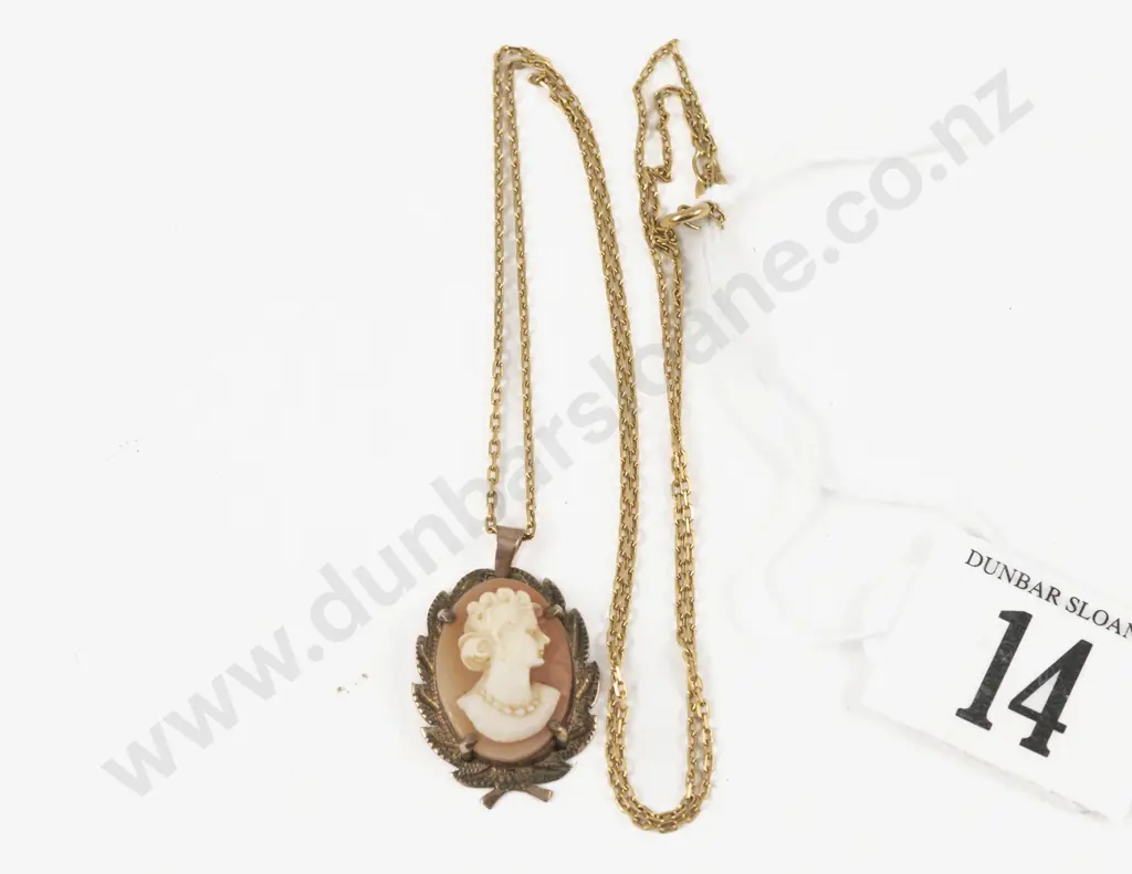 9ct Framed Classical Portrait Cameo Pendant on 18ct Neck Chain Image 1++
