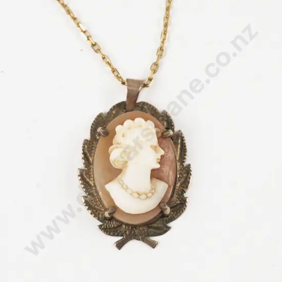 9ct Framed Classical Portrait Cameo Pendant on 18ct Neck Chain