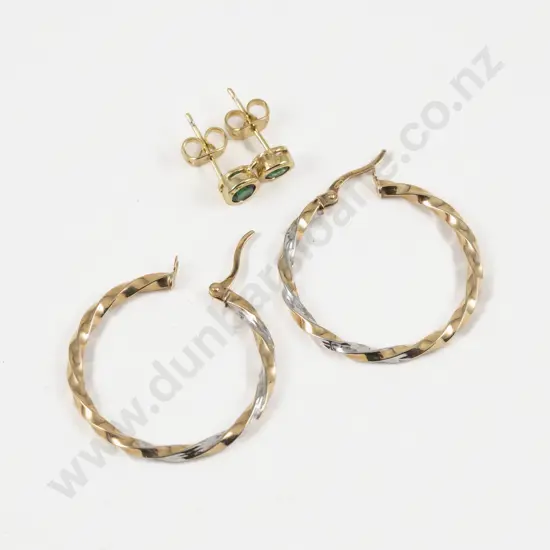 Pair 9ct Twist Hoop Earrings with Gem Set Stud Earrings