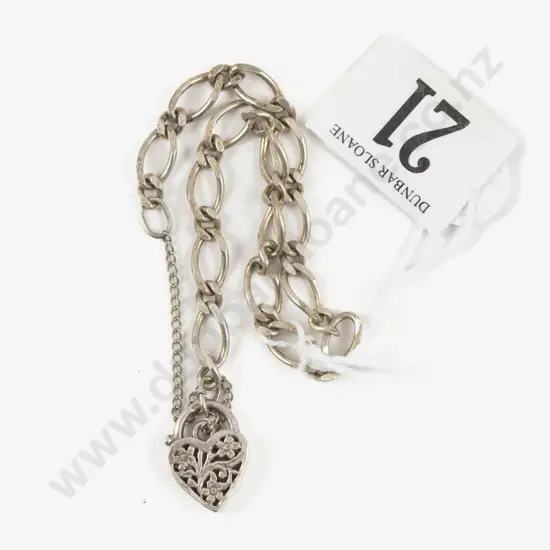 S/S Fancy Curb Link Bracelet with Heart Padlock Clasp