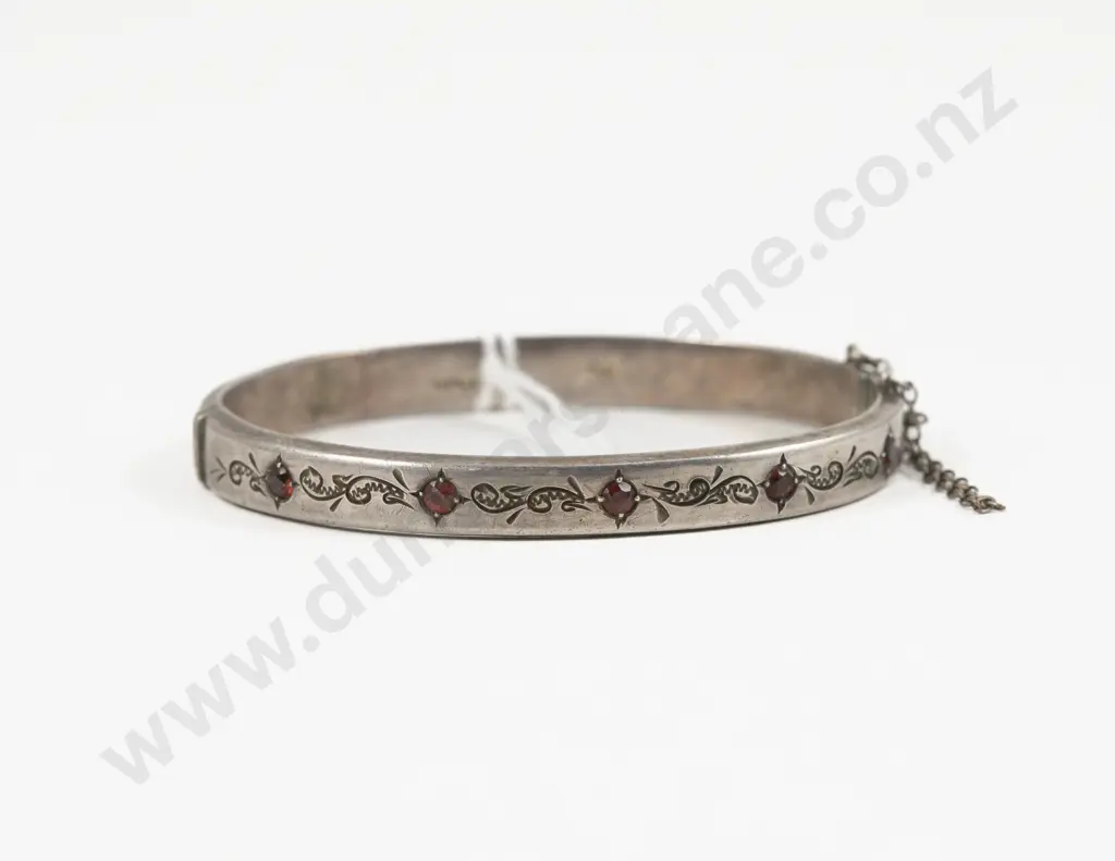 S/S Five Stone Garnet Slightly Engraved Hinged Snap Bangle Image 1++
