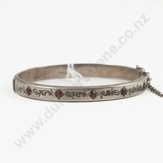 S/S Five Stone Garnet Slightly Engraved Hinged Snap Bangle