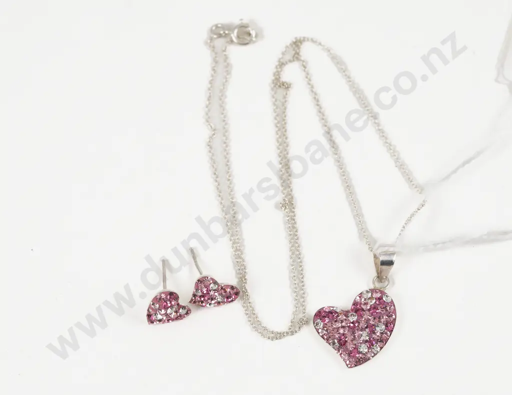 S/S White and Pink Cubic Zirconia Heart Shape Pendant and Matching Earrings Image 1++