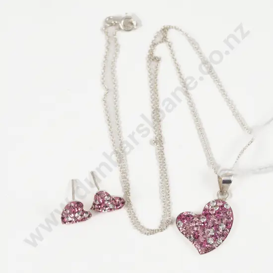 S/S White and Pink Cubic Zirconia Heart Shape Pendant and Matching Earrings