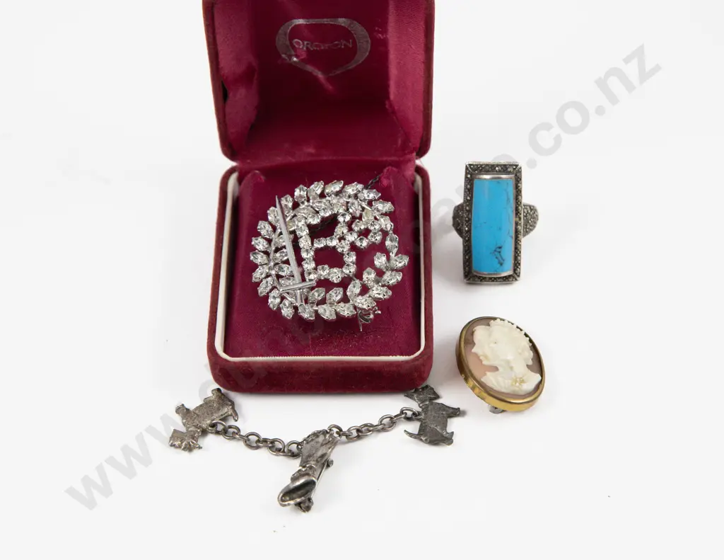 S/S Marcasite and Turquoise Dress Ring with Three brooches Image 1++