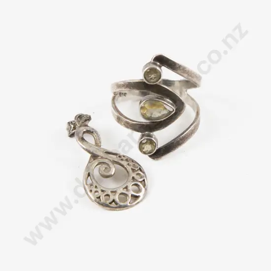 S/S Three Stone Citrine Glass Dress Ring with Pendant