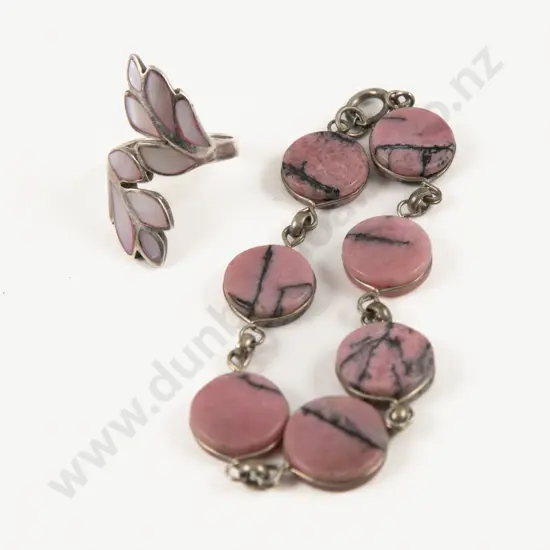 S/S Pink MOP Dress Ring with Pink Rhodonite Bracelet