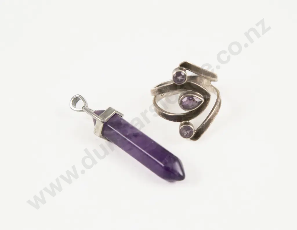 S/S Three Stone Amethyst Dress Ring and Pendant Image 1++