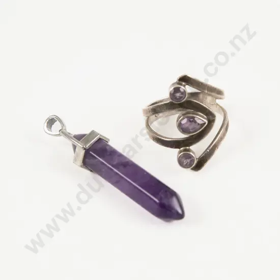 S/S Three Stone Amethyst Dress Ring and Pendant