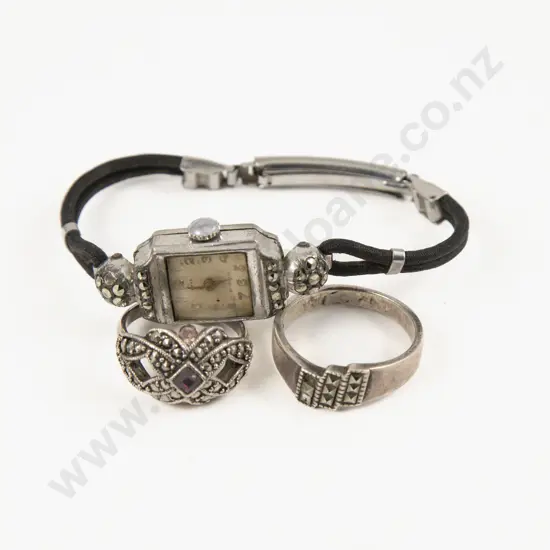 Two S/S and Marcasite Rings and Wrist Watch