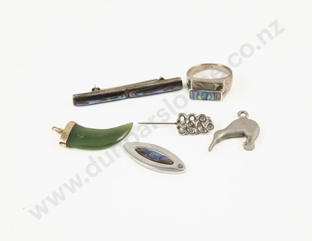 S/S Paua Ring and Bar Brooch with Greenstone Pendant and Three Others Image 1++