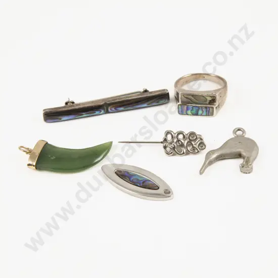 S/S Paua Ring and Bar Brooch with Greenstone Pendant and Three Others