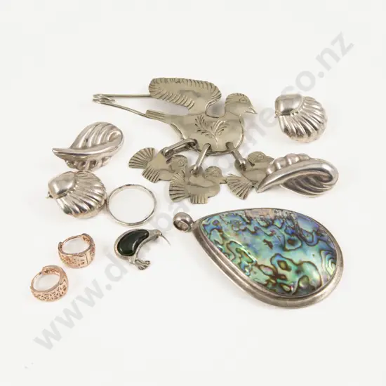 Large Paua Pendant with Collection of Assorted S/S Jewellery and Bird Brooch