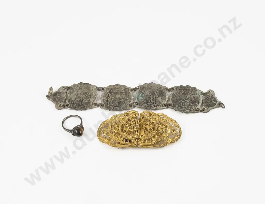 Vintage Don Quixote Four Panel Bracelet and Belt Buckle with S/S Tiger Eye Ring Image 1++
