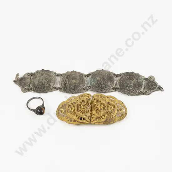 Vintage Don Quixote Four Panel Bracelet and Belt Buckle with S/S Tiger Eye Ring