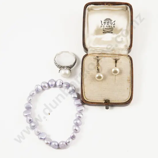 S/S Single Cultured Pearl Ring with Bracelet and Pair Earrings