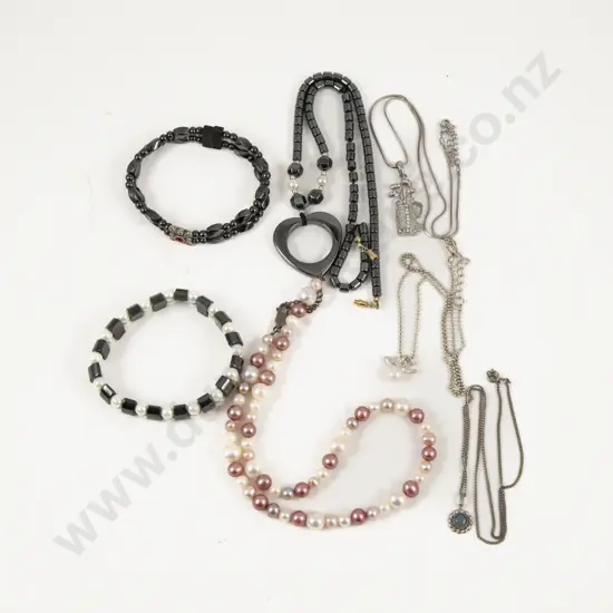 Single Strand Fresh Water Pearl Necklace with Collection of Hematite and Costume Jewellery