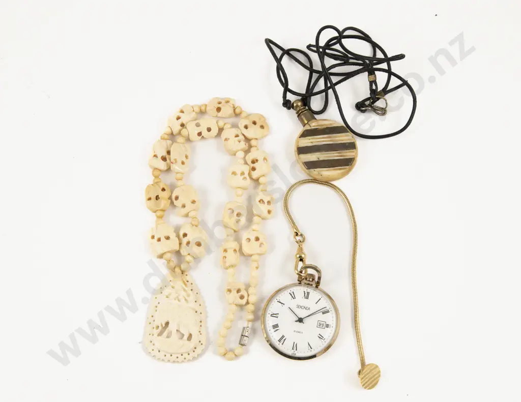 Single Strand Carved Ivory Necklace with Pendant Pocket Watch and Other Image 1++