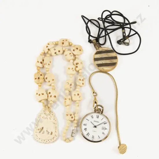 Single Strand Carved Ivory Necklace with Pendant Pocket Watch and Other