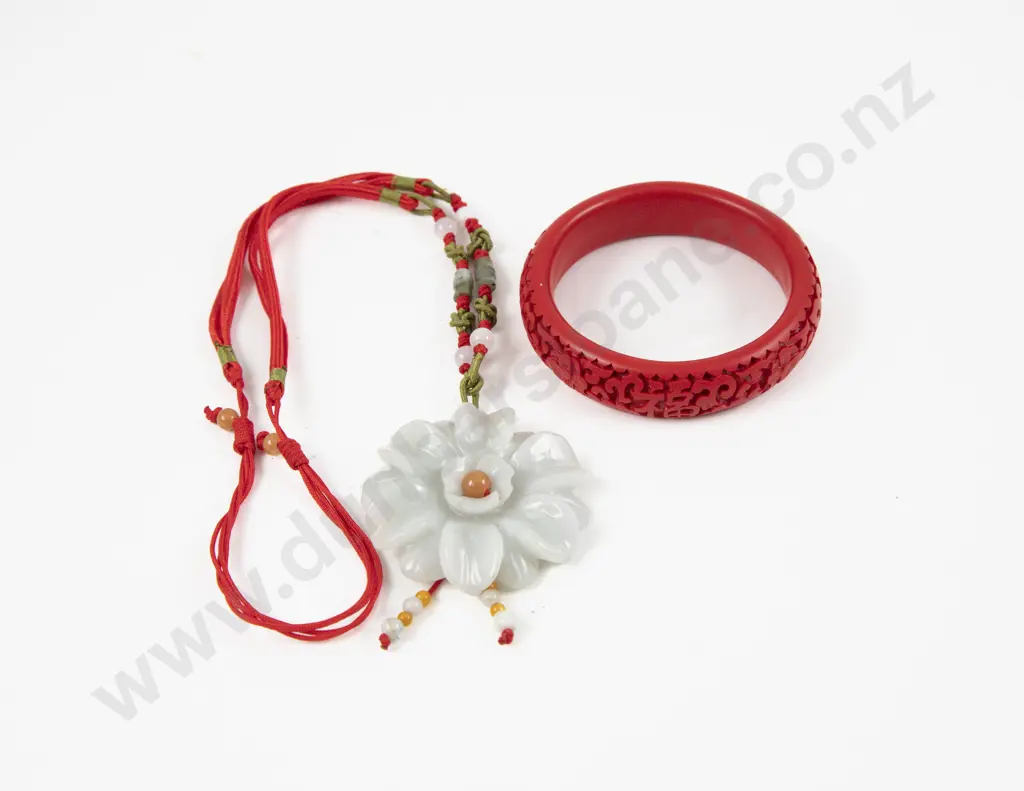 Floral Jade Pendant and Cinnabar Lacquer Bangle Image 1++