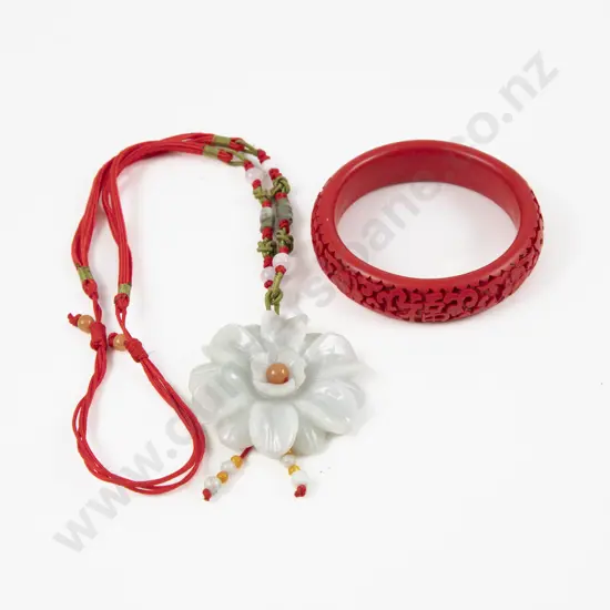 Floral Jade Pendant and Cinnabar Lacquer Bangle