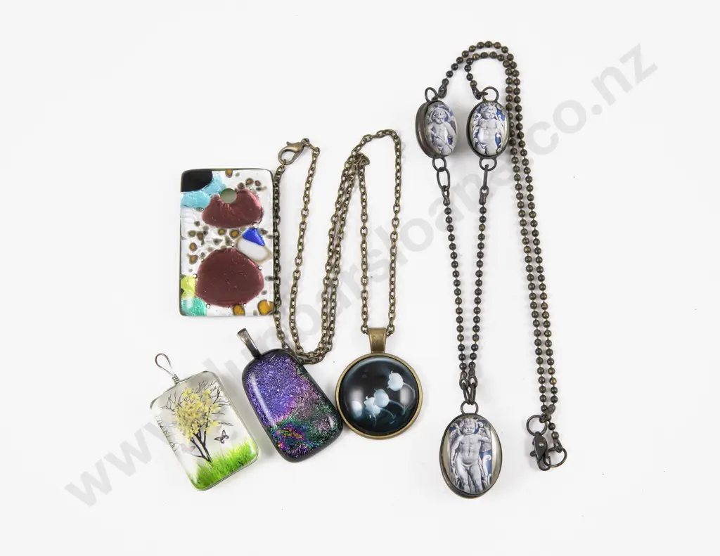 Three Double Sided Cherub Pendants on Beaded Chain with Three Glass Pendants and Other Image 1++
