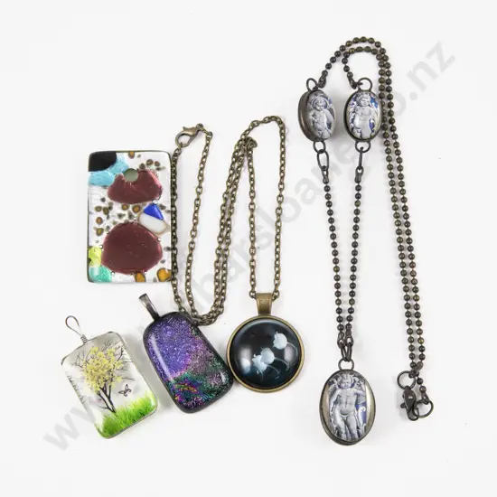 Three Double Sided Cherub Pendants on Beaded Chain with Three Glass Pendants and Other