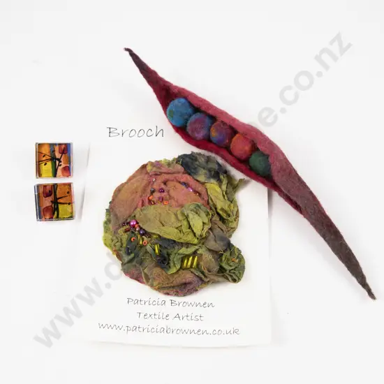 Two UK Textile Artist Patrica Brownen Brooches and Pair Earrings