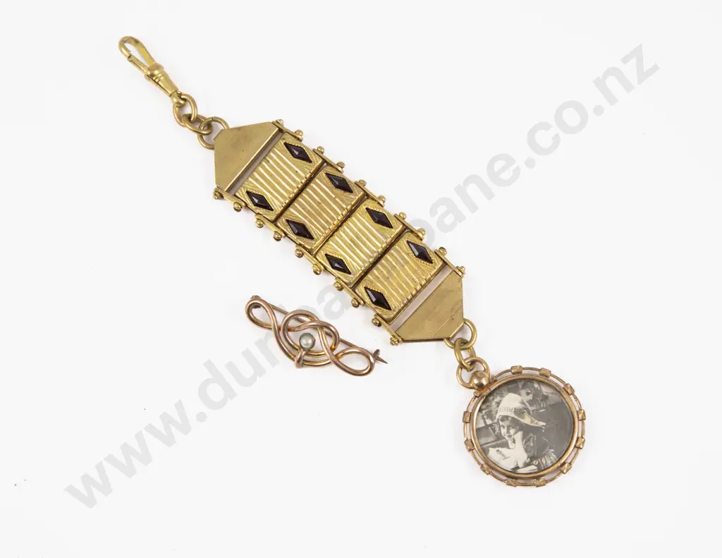 Vintage Gold Plated Chatelaine with Double Sided Photo Locket Pendant and Brooch Image 1++